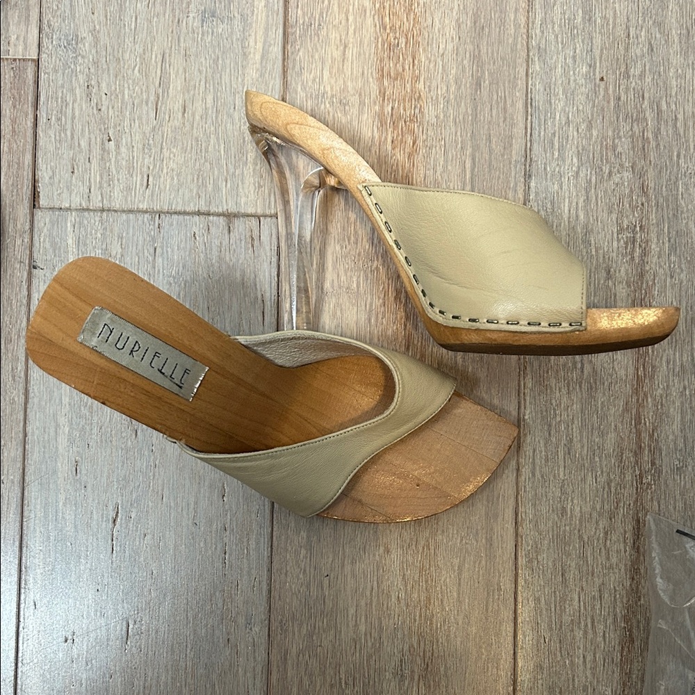 Nurielle Beige Leather Mules with transparent 4" heels vintage